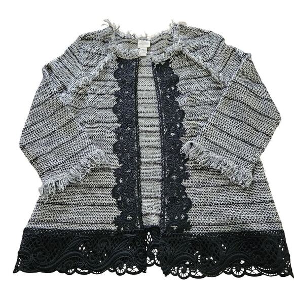 Chicos Tweed Lace and Fringe Cardigan. 3/4 Sleeves. Size M - Picture 3 of 7